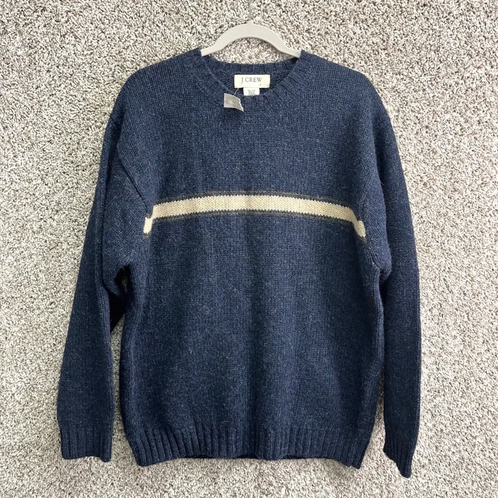 J. Crew Sweater Men's Large Blue 100% Shetland Wool Striped Crewneck NWT